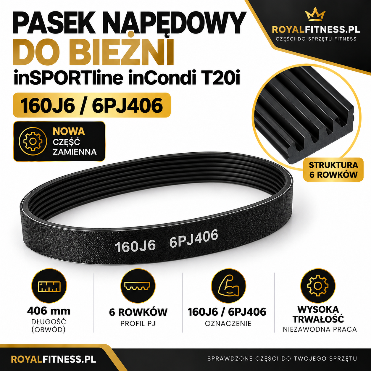Pasek napędowy 160J6 inSPORTline inCondi T20i Pełny pasek napędowy 6PJ406 do bieżni inSPORTline inCondi T20i