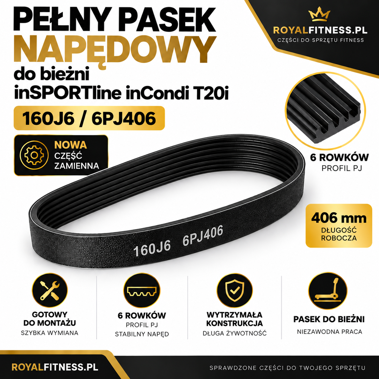 Pasek napędowy inSPORTline inCondi T20i 160J6 / 6PJ406 Pasek napędowy 160J6 6PJ406 do bieżni inSPORTline inCondi T20i
