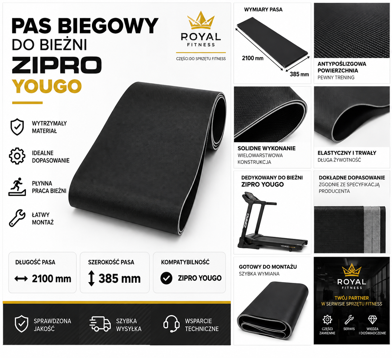 Pełny pas biegowy ZIPRO Yougo Pełny pas biegowy do bieżni ZIPRO Yougo 2100 × 385 mm
