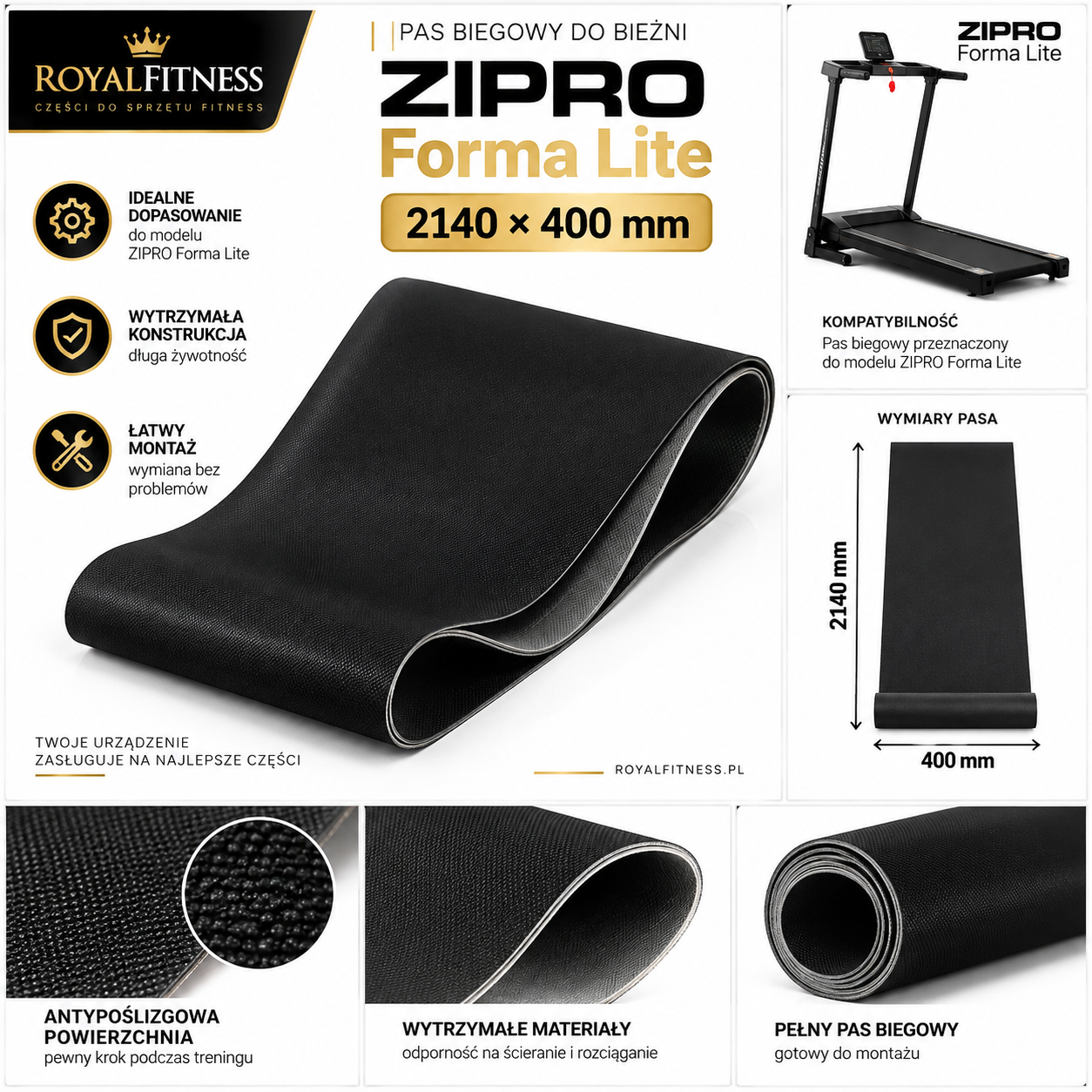 Wymiary pasa ZIPRO Forma Lite Wymiary pasa biegowego ZIPRO Forma Lite 2140 × 400 mm