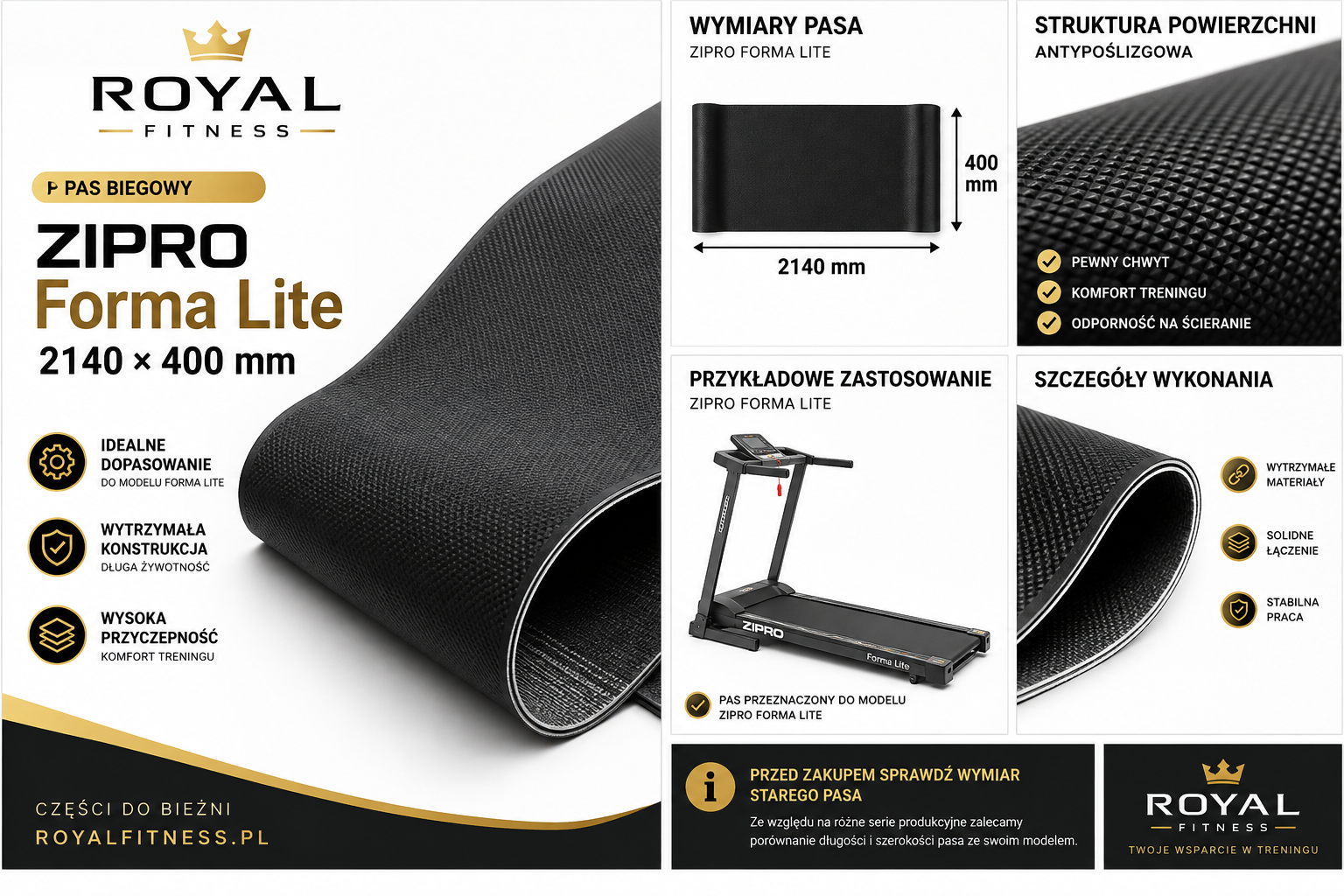 Pełny pas biegowy ZIPRO Forma Lite Pełny pas biegowy do bieżni ZIPRO Forma Lite 2140 × 400 mm