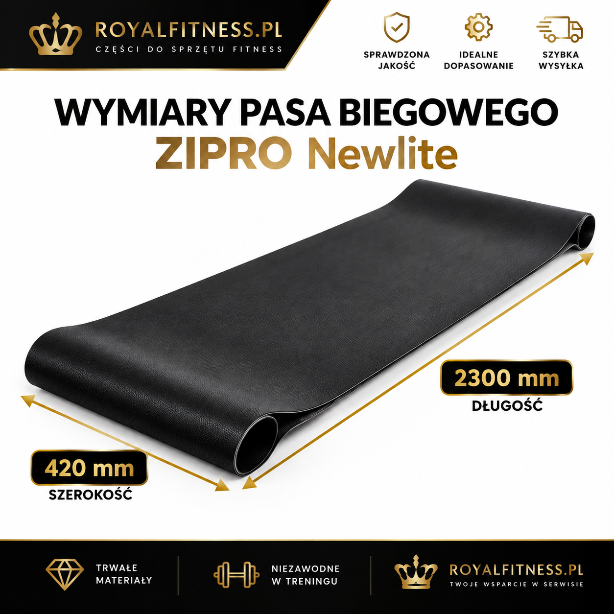 Wymiary pasa ZIPRO Newlite Wymiary pasa biegowego ZIPRO Newlite 2300 × 420 mm
