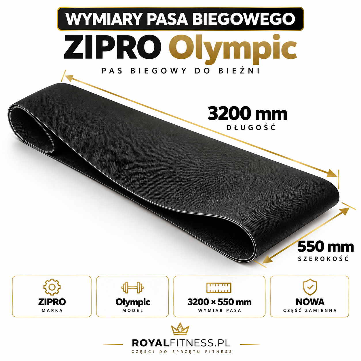 Wymiary pasa ZIPRO Olympic Wymiary pasa biegowego ZIPRO Olympic 3200 × 550 mm