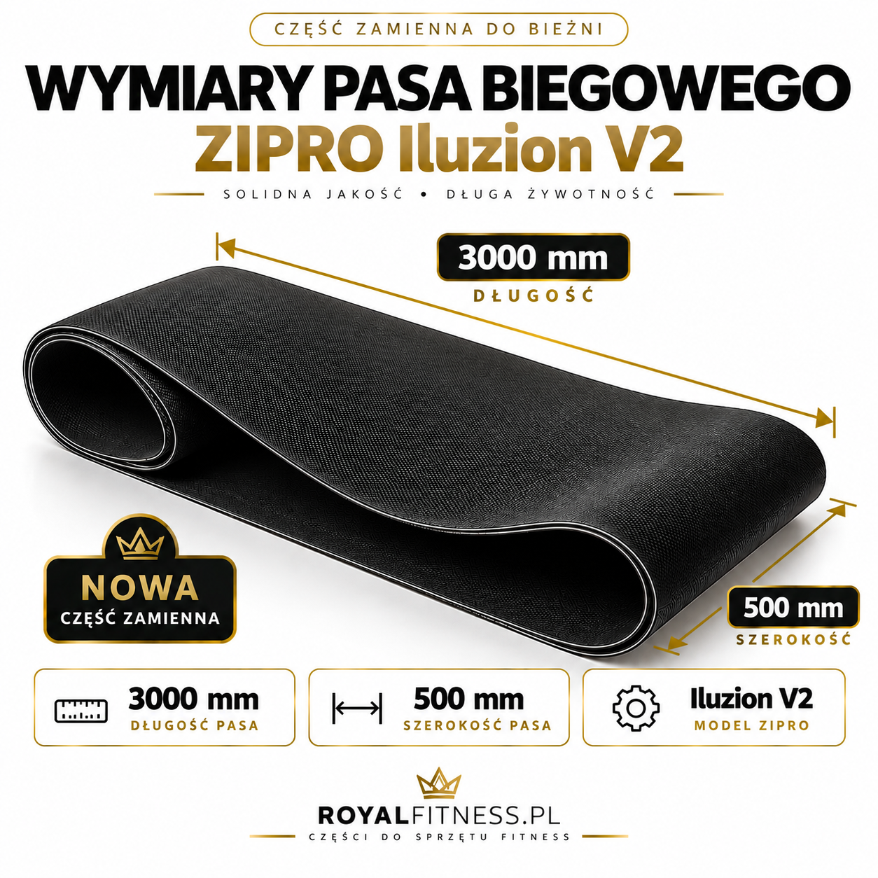 Wymiary pasa ZIPRO Iluzion V2 Wymiary pasa biegowego ZIPRO Iluzion V2 3000 × 500 mm