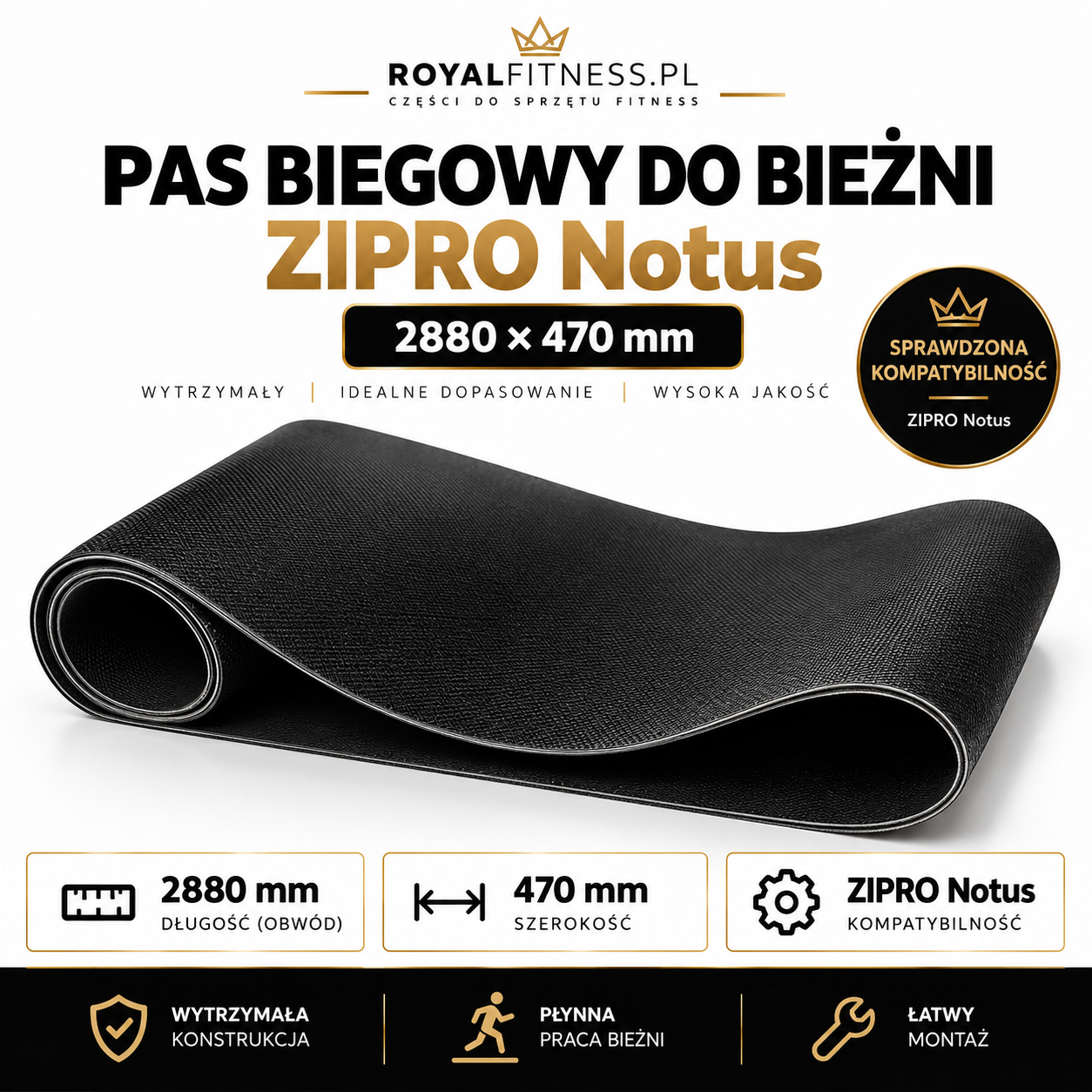 ZIPRO Notus – wymiary pasa biegowego Wymiary pasa biegowego ZIPRO Notus 2880 × 470 mm