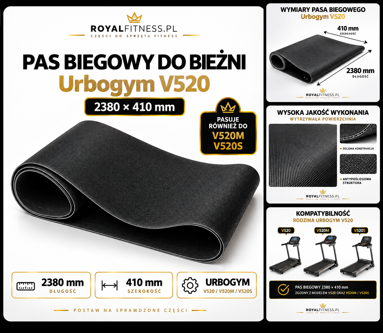 Wymiary pasa Urbogym V520 – 2380 × 410 mm Wymiary pasa biegowego Urbogym V520 2380 × 410 mm
