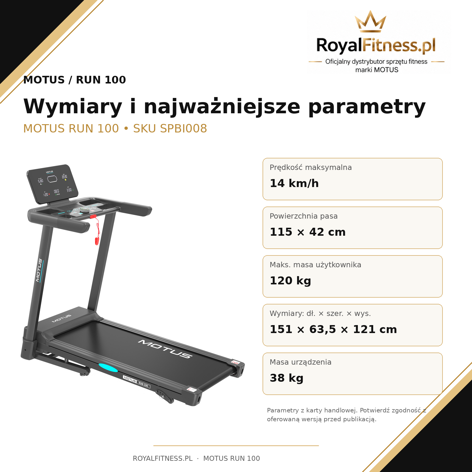 Tytul: MOTUS Bieżnia MOTUS RUN 100 — plansza parametrów