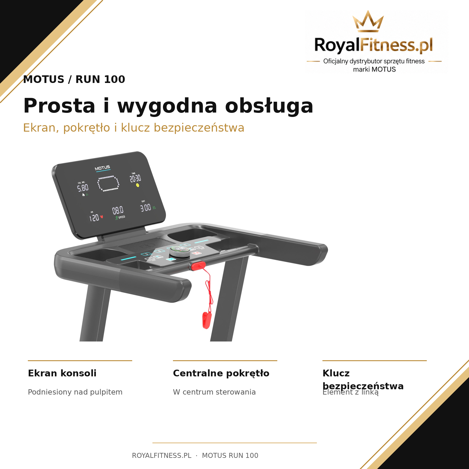 MOTUS RUN 100 – Konsola i sterowanie | RoyalFitness Bieżnia MOTUS RUN 100 — konsola i sterowanie