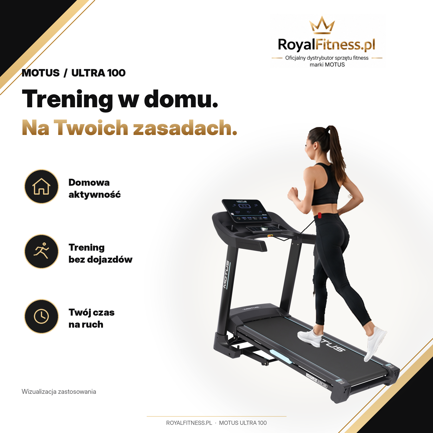 MOTUS ULTRA 100 – Wizualizacja zastosowania | RoyalFitness Wizualizacja użytkowania bieżni MOTUS ULTRA 100 w domu