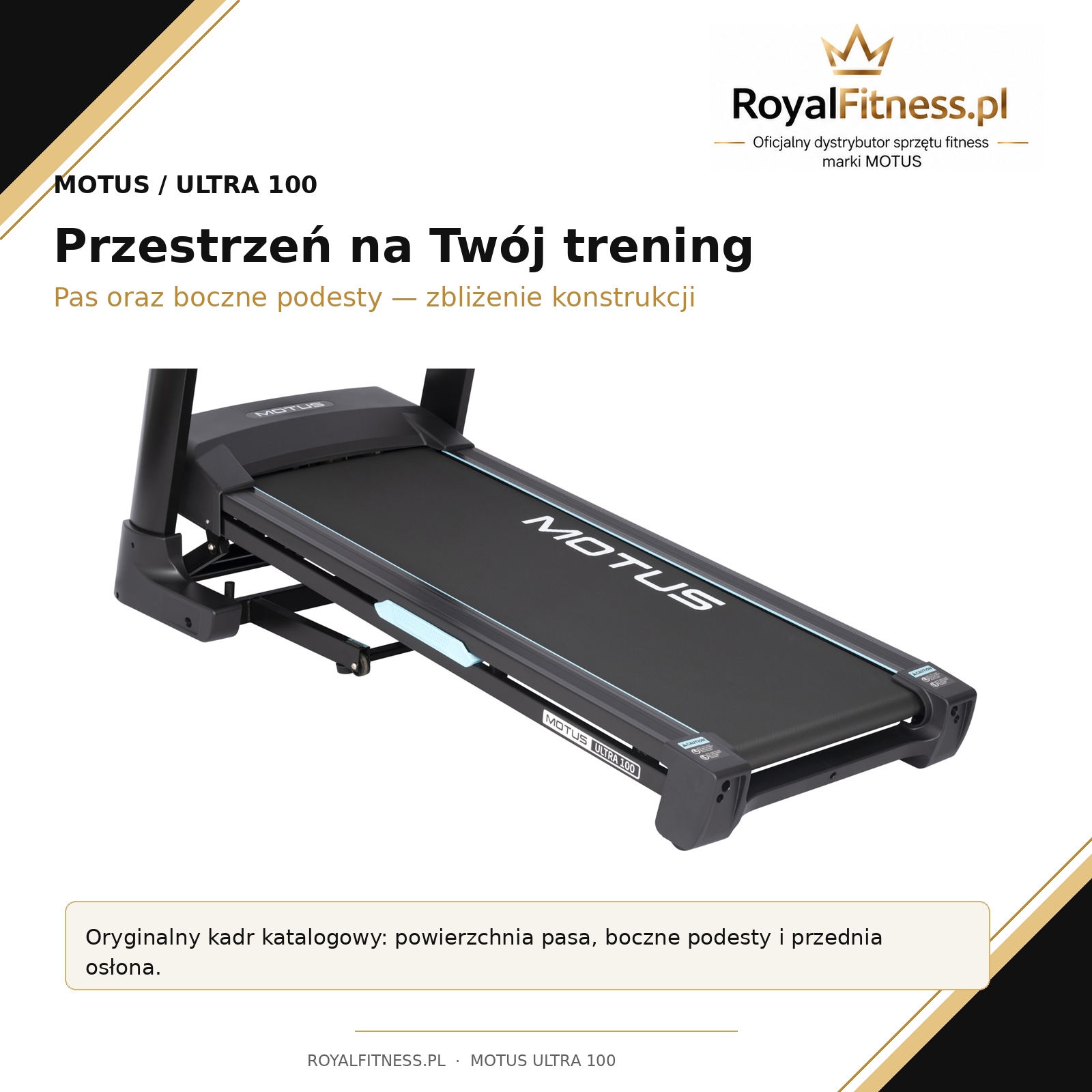 MOTUS ULTRA 100 – Konstrukcja i podesty | RoyalFitness Bieżnia MOTUS ULTRA 100 — konstrukcja i podesty