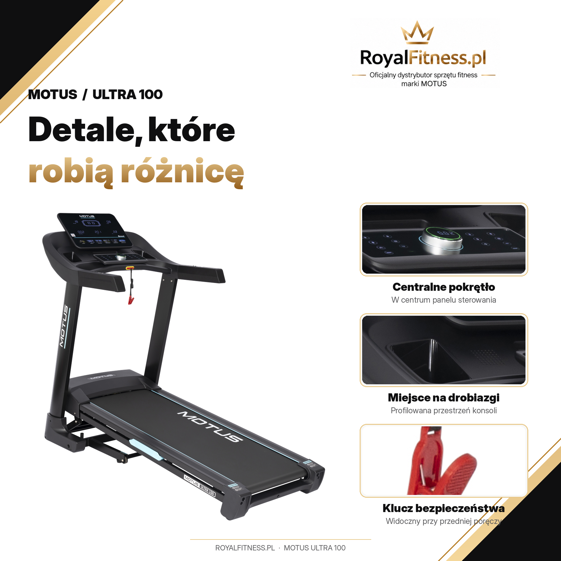 : MOTUS ULTRA 100 – Detale użytkowe | RoyalFitness Bieżnia MOTUS ULTRA 100 — detale użytkowe