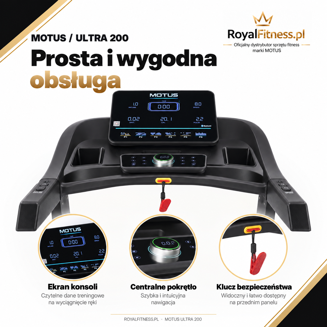 MOTUS ULTRA 200 – Konsola i sterowanie | RoyalFitness Bieżnia MOTUS ULTRA 200 — konsola i sterowanie