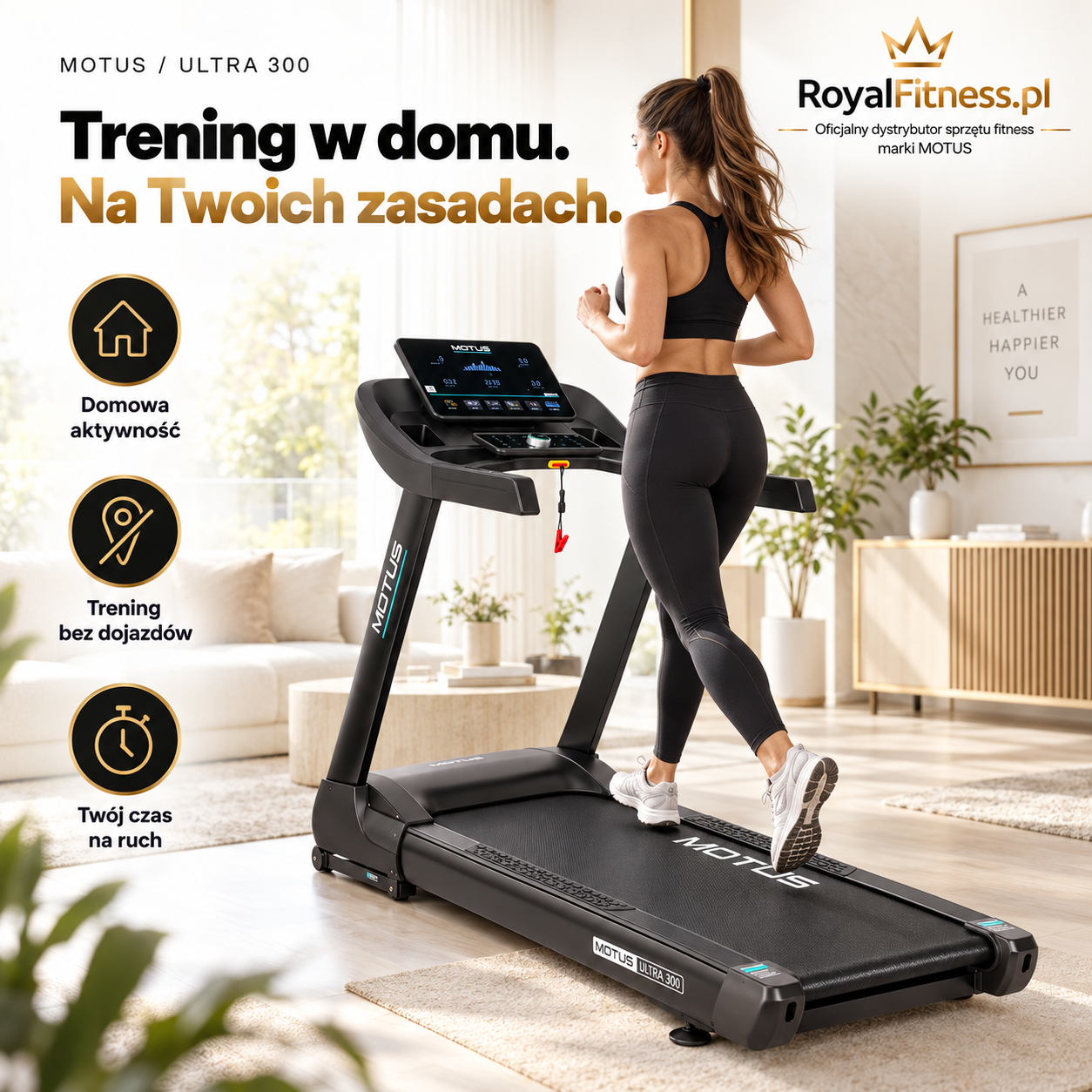 MOTUS ULTRA 300 – Wizualizacja zastosowania | RoyalFitness Wizualizacja użytkowania bieżni MOTUS ULTRA 300 w domu