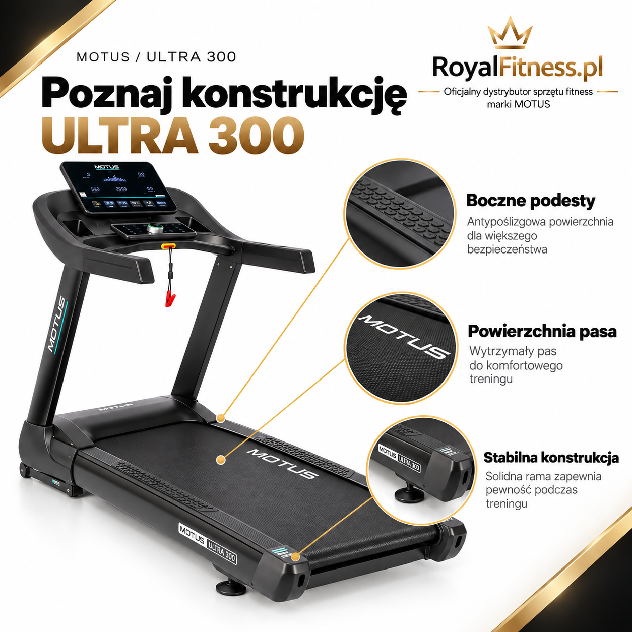 MOTUS ULTRA 300 – Konstrukcja i podesty | RoyalFitness Bieżnia MOTUS ULTRA 300 — konstrukcja i podesty