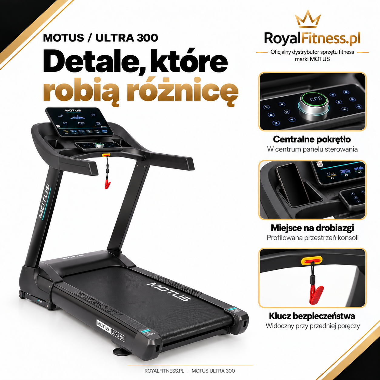 MOTUS ULTRA 300 – Detale użytkowe | RoyalFitness Bieżnia MOTUS ULTRA 300 — detale użytkowe