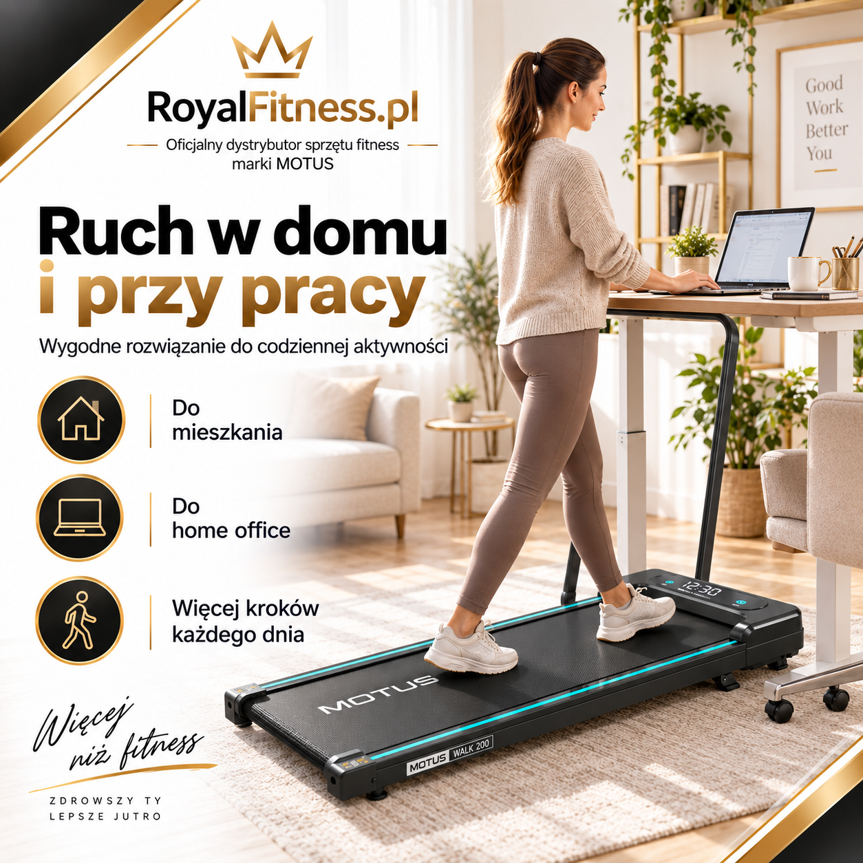 MOTUS WALK 200 – Wizualizacja zastosowania | RoyalFitness Wizualizacja użytkowania bieżni MOTUS WALK 200 w domu