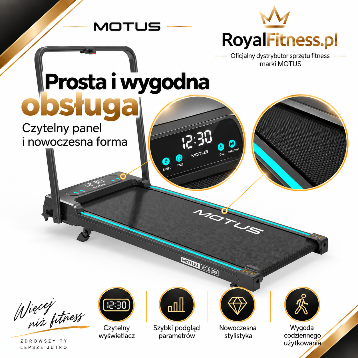 MOTUS WALK 200 – Panel i obsługa | RoyalFitness Bieżnia MOTUS WALK 200 — panel i obsługa