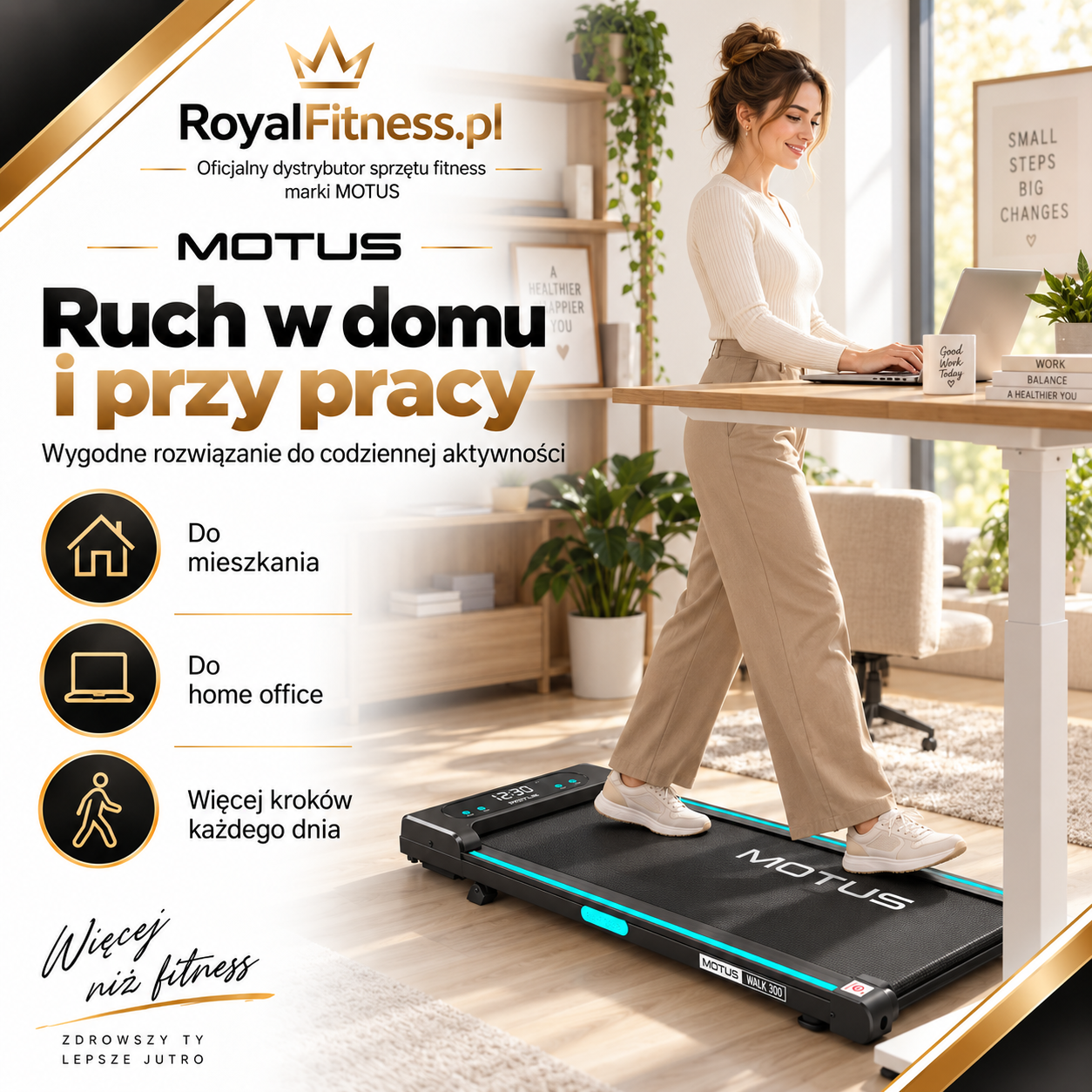 MOTUS WALK 300 – Wizualizacja zastosowania | RoyalFitness Wizualizacja użytkowania bieżni MOTUS WALK 300 w domu