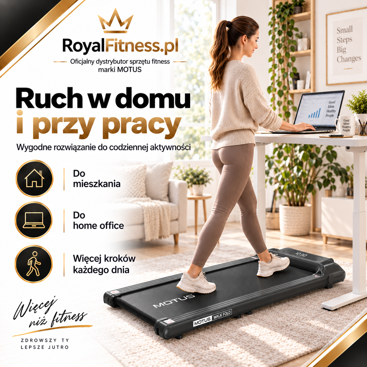 MOTUS WALK FOLD – Wizualizacja zastosowania | RoyalFitness Wizualizacja użytkowania bieżni MOTUS WALK FOLD w domu