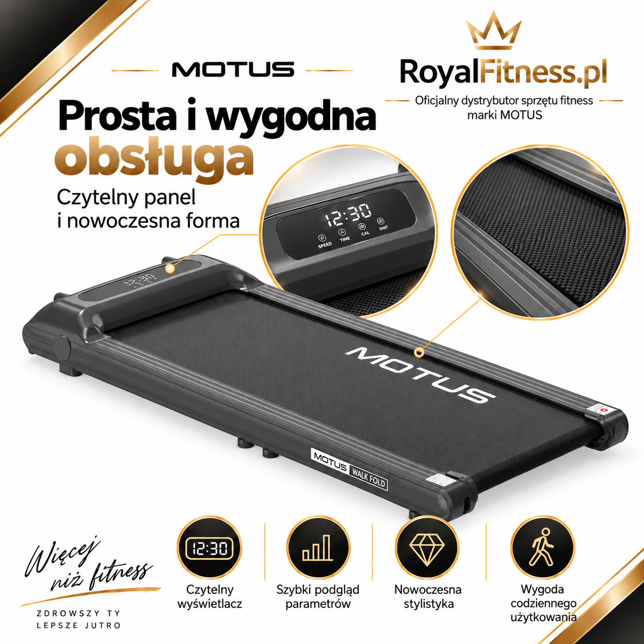 MOTUS WALK FOLD – Panel i obsługa | RoyalFitness Bieżnia MOTUS WALK FOLD — panel i obsługa